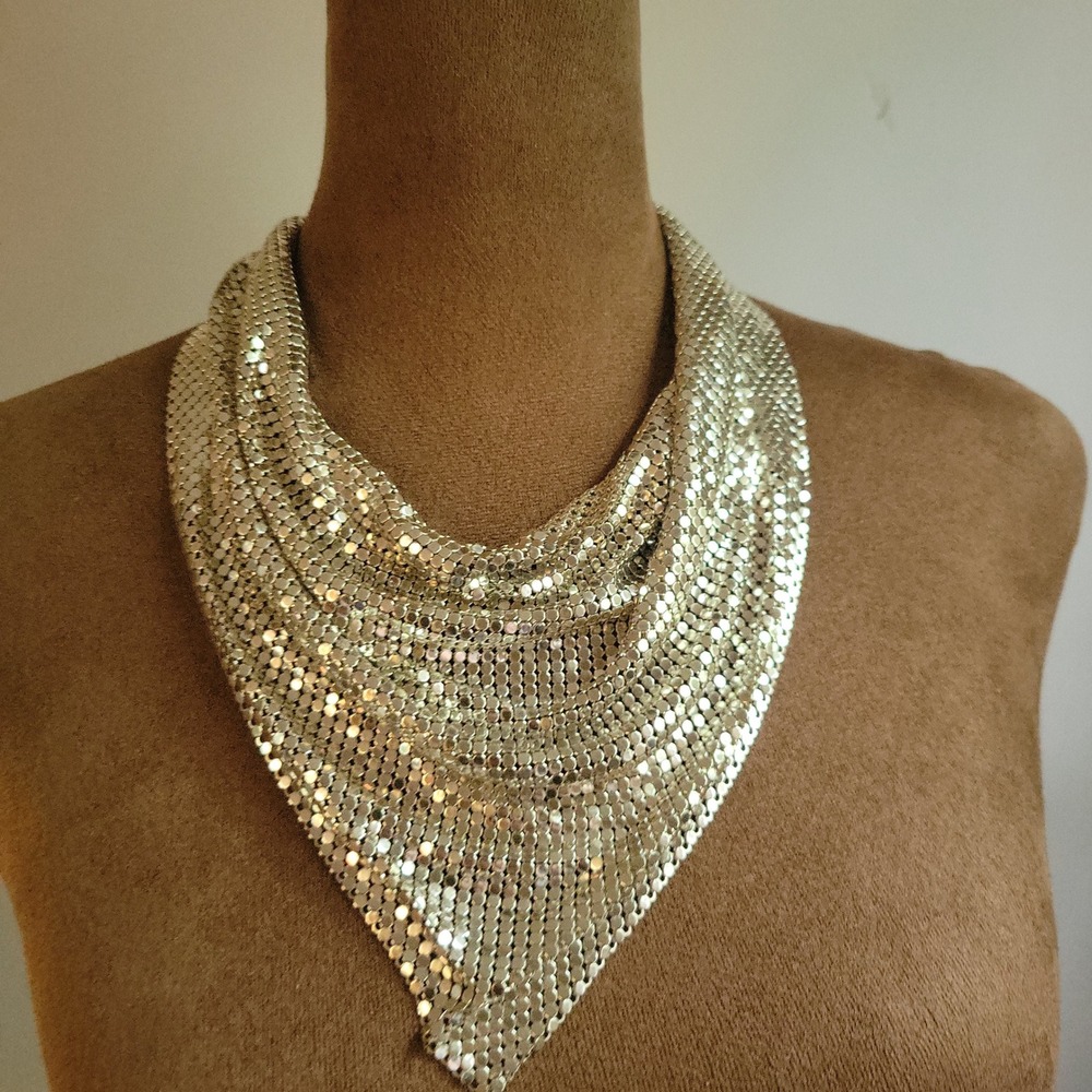 Whiting and Davis Silver Metal Mesh Bib Statement Necklace Adjustable sz L